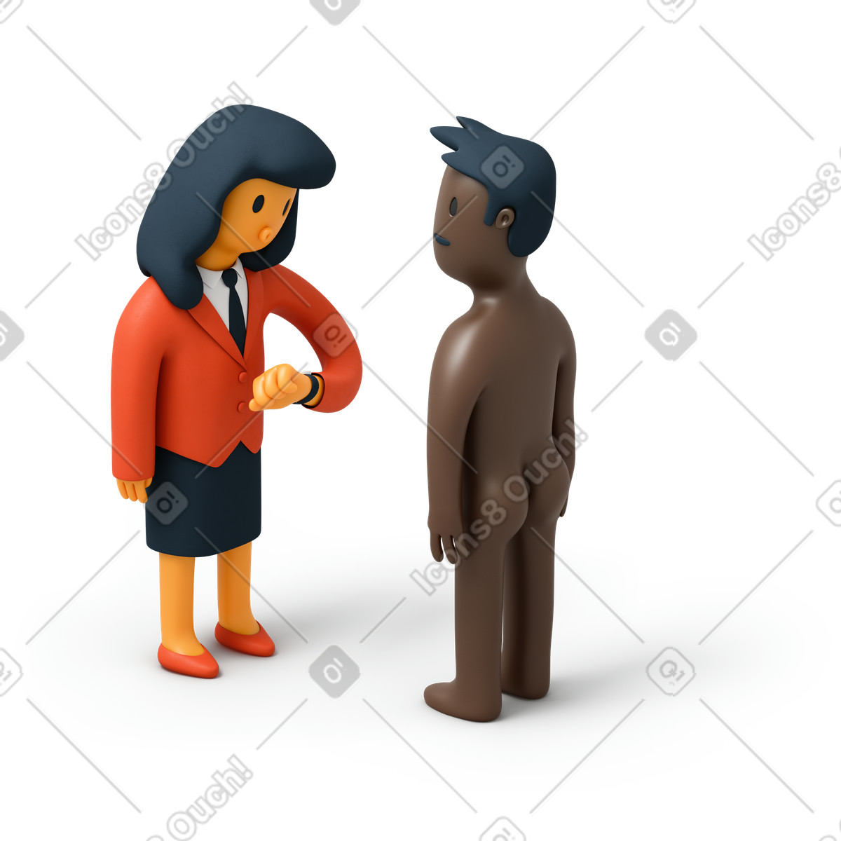Illustration Homme nu debout devant une femme d'affaires dans le style 3D Flame à télécharger aux formats PNG, SVG