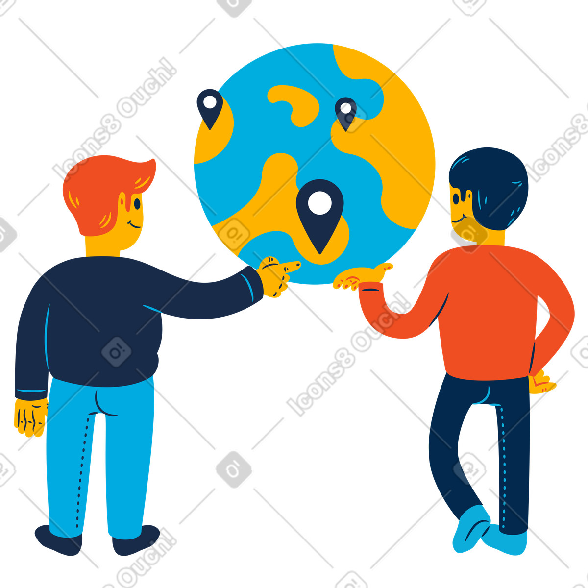 Иллюстрация Travelers choosing destinations on globe, Adventure planning for travel buddies в стиле Flame — скачать в форматах PNG, SVG
