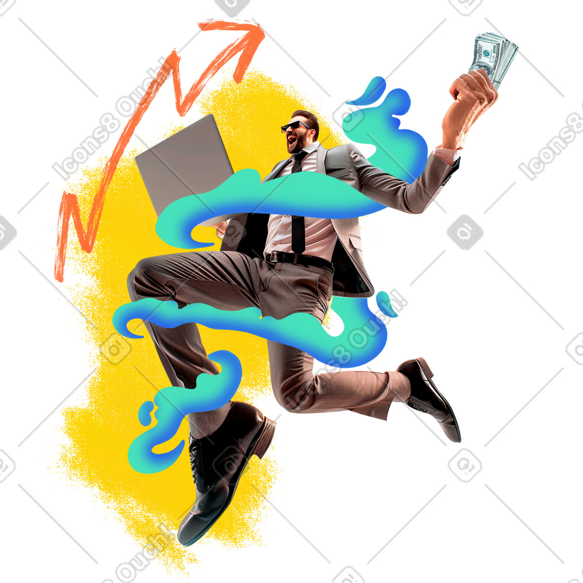 Ilustración Businessman jumping in the air with a laptop and money en estilo Energy descargar en PNG y SVG