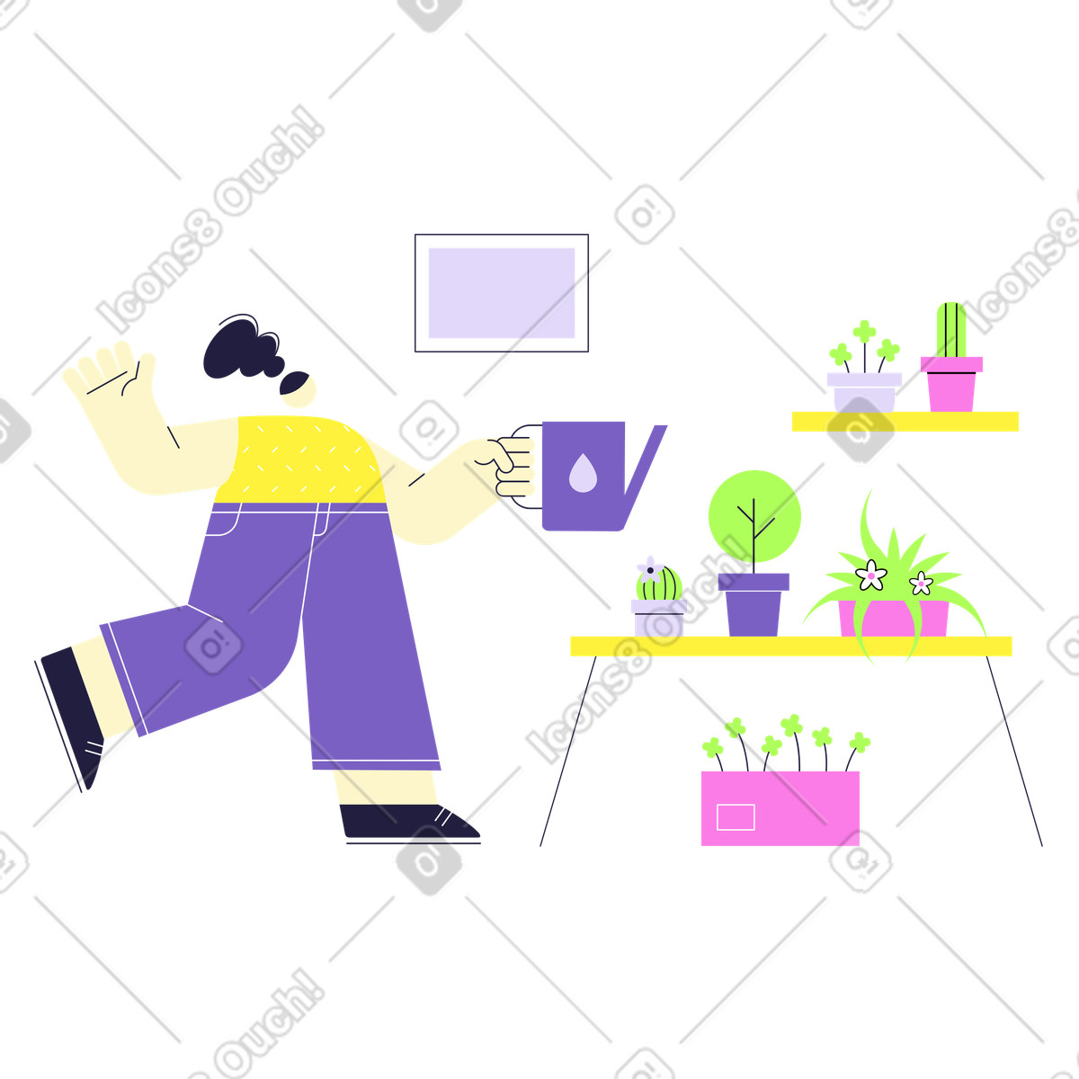 Ilustración Mujer cuidando el jardín de su apartamento en estilo Mellow a descargar en PNG y SVG