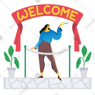Ribbon cutting ceremony under welcome banner PNG, SVG