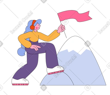 Woman placing flag on the mountain top PNG, SVG
