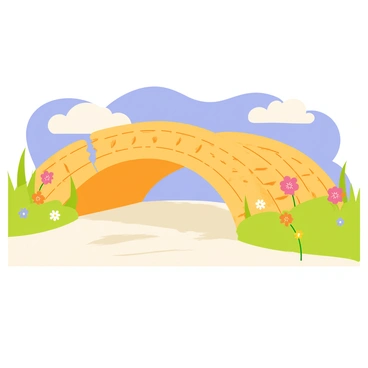 A bridge made of golden-brown biscuits with a textured surface, spanning across a flowing river of creamy white milk. The biscuits are arranged in a curved pattern, with some broken pieces creating a casual look. The river below is smooth and glossy, with gentle ripples reflecting the light. Lush green grass lines the riverbanks, dotted with colorful wildflowers. In the background, fluffy white clouds drift across a bright blue sky.