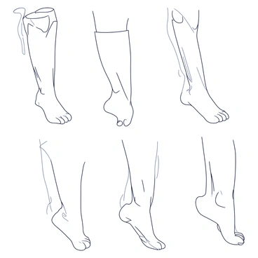 A detailed pencil sketch showcasing the calf muscles from multiple angles. Each angle presents the musculature in a clear and defined manner. The sketch includes side views, front views, and back views, highlighting the shape and definition of the gastrocnemius and soleus muscles. The lines are precise and convey depth, allowing for an understanding of the muscle structure and anatomy. The background remains unadorned to focus attention on the calf muscles.