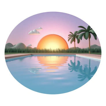 A large swimming pool, with clear blue water, situated in a backyard surrounded by lush green grass and tall palm trees. The surface of the water reflects vibrant colors of a sunset sky, showcasing brilliant shades of orange, pink, and purple. Soft ripples distort the reflection slightly, adding texture to the image. In the background, a few fluffy clouds catch the fading sunlight, enhancing the atmosphere of the scene.
