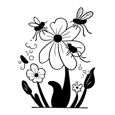 A group of various types of flies gathered on a large flower, engaged in conversation. One fly with long legs is perched on a petal, while another with patterned wings rests nearby. A third fly is hovering above, appearing animated as it gestures with its wings. The flower itself has numerous detailed petals and a prominent center, with fine lines illustrating its texture. Surrounding the flower are delicate leaves and additional smaller flowers, creating a lively scene. The overall composition captures the essence of camaraderie among the flies.