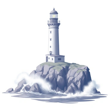 A tall lighthouse stands prominently atop rugged, rocky cliffs. The structure features a cylindrical design with a lantern room at the top, accented by a balcony that encircles it. Below, fierce waves crash against the cliffs, creating splashes of foam that rise dramatically into the air. The scene conveys a sense of height and isolation, with the lighthouse serving as a guiding beacon amidst the turbulent sea below.