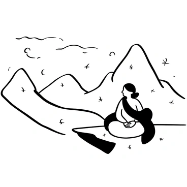 A guru sitting cross-legged on a snowy mountain ledge, surrounded by snow-covered peaks in the background. The guru is wearing flowing robes, and there are snowflakes gently falling around him. A tranquil sky is visible above, with clouds drifting softly. In the distance, a vast landscape of mountains stretches out, creating a feeling of depth and perspective. The scene captures a sense of serenity and isolation in the cold, white atmosphere.