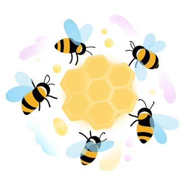 A group of bees is engaged in a waggle dance on a honeycomb surface. The honeycomb features hexagonal cells filled with golden honey. Several bees are flying in a circular motion, showcasing their intricate movements and delicate wings. The bees have varying shades of yellow and black on their bodies. Soft, pastel gradient colors highlight the scene, enhancing the vibrant environment of the honeycomb. A few honey droplets can be seen glistening in the light, adding a touch of realism to the image.