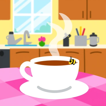 A small yellow and black striped bee perched delicately on the rim of a white porcelain teacup. The teacup is filled with steaming hot tea, with wisps of vapor rising gracefully into the air. The kitchen is cozy and inviting, featuring wooden cabinets and a checkered tablecloth. Various kitchen utensils and a small vase of flowers sit on the countertop, adding to the quaint atmosphere. Sunlight streams through a window, casting soft shadows in the room.