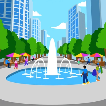 A modern city plaza featuring a large interactive water fountain in the center. The fountain has multiple streams of water shooting up at varying heights, creating a playful atmosphere. Surrounding the fountain are smooth, gray stone walkways where people are enjoying their time. Some individuals are playfully splashing in the water, while others are sitting on benches nearby, watching. Tall, sleek buildings with glass facades frame the plaza, reflecting the blue sky. Lush green trees line the edges of the plaza, providing shade and a touch of nature. Colorful umbrellas are set up over outdoor cafes, with patrons sipping drinks and chatting.