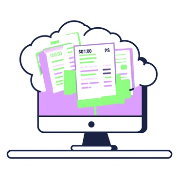 A computer screen displays a cloud-shaped formation of digital receipts. Each receipt is visually distinct, showcasing various transaction details such as dates, amounts, and item descriptions. The receipts appear partially transparent, allowing the screen's background to subtly show through. The computer screen is positioned on a sleek desk, and the overall scene conveys a modern and organized workspace.