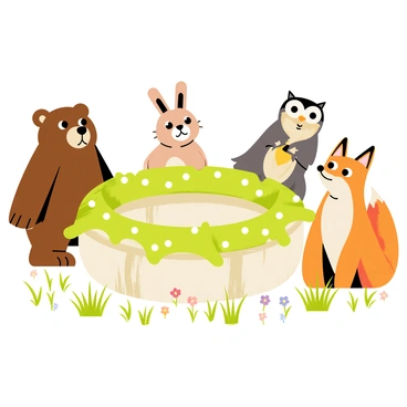 A group of forest animals forming a circle around a fairy ring, fascinated by its beauty.