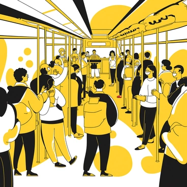 A packed city bus filled with passengers standing shoulder to shoulder. The bus interior is crowded with people of diverse ages and backgrounds, some holding onto overhead straps while others grip the poles. Several passengers are wearing backpacks, and a few are reading newspapers or scrolling on their phones. Sunlight streams in through the windows, highlighting the busy scene. The bus driver can be seen at the front, focused on the road ahead.