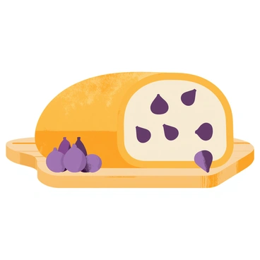 A loaf of artisan bread with a golden brown crust and a rough texture. The bread has visible chunks of dark purple figs embedded within its soft, white interior. It is placed on a rustic wooden board, with the grain of the wood adding warmth to the scene. The loaf is slightly sliced, revealing the fig pieces, and there are a few whole figs placed artfully around the bread on the board.