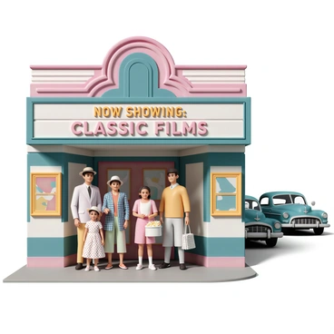 A queue of people standing outside a vintage movie theater with an art deco marquee. The theater's sign reads "Now Showing: Classic Films" in bright, retro letters. Each person in line displays a unique style: a man wearing a fedora and a plaid coat, a woman in a polka dot dress with a red belt, a child holding a popcorn bucket, and an elderly couple dressed in classic 1950s attire. The atmosphere is lively, with people chatting and smiling, while vintage cars can be seen parked along the street in the background.
