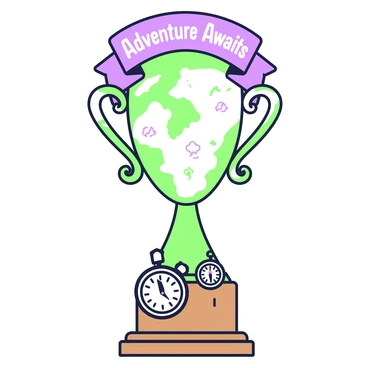 A large adventure trophy sits prominently on a sturdy wooden pedestal. The trophy features intricate decorations, including detailed maps etched onto its surface, showing various terrains and landmarks. Surrounding the base are small compasses, each pointing in different directions, symbolizing exploration. The trophy has a polished finish that highlights these decorative elements. Above the maps and compasses, a stylized banner reads "Adventure Awaits" in bold letters, adding to the trophy's adventurous theme. The overall composition conveys a sense of achievement and wanderlust, perfect for honoring adventurous spirits.