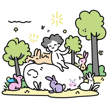 A cupid lounging in a lush forest surrounded by woodland animals