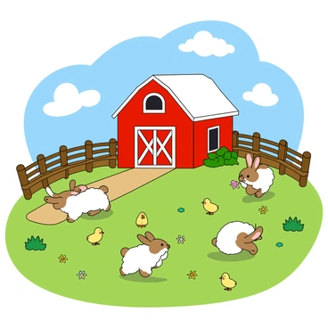 A vibrant miniature farm scene featuring a variety of small animals. There are several cute rabbits with fluffy white and brown fur hopping around playfully. Tiny yellow chicks are scattered across the grassy area, pecking at the ground. The farm has a small red barn with a white roof in the background, surrounded by a wooden fence. A colorful flower patch blooms nearby, adding splashes of color to the green grass. A blue sky with fluffy white clouds hovers above, completing the cheerful atmosphere of the playful setting.