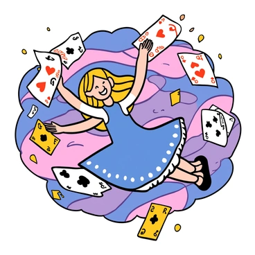 A girl with light skin and long blonde hair, wearing a blue dress with white accents, is floating gracefully among a whirlwind of colorful playing cards. The playing cards are fanned out around her, showcasing different suits and numbers. The sky behind her is a vibrant kaleidoscope of swirling colors, blending shades of pink, purple, and blue, creating a dreamy atmosphere. Her expression is one of wonder and delight as she interacts with the cards swirling around her.
