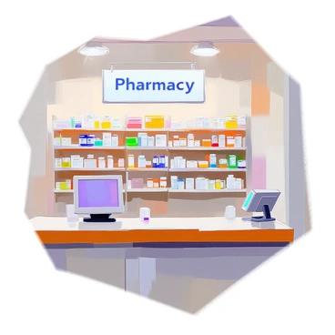 A pharmacy counter with a sleek design, featuring a wooden countertop and a glass display case. Behind the counter, there are nearly empty medicine shelves lined with various prescription bottles and boxes. The shelves are organized, with only a few items left, showcasing gaps where products have been removed. A small computer terminal is placed on the counter, and a sign hangs above indicating "Pharmacy." Soft lighting illuminates the space, creating a calm atmosphere.