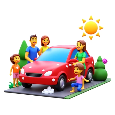 A cheerful family consisting of two adults and two children is washing their car together in their driveway. The car is a shiny red sedan with soap bubbles covering its surface. The adults are wearing casual summer clothes, while the children are in colorful t-shirts, all of them smiling and engaging in the activity. A bright sun shines overhead, casting vibrant light on the scene, and there are green shrubs and a few flowers in the background, enhancing the lively atmosphere of the day.