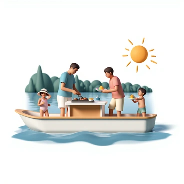 A family of four is gathered on their houseboat, enjoying a barbecue meal. The mother, wearing a blue tank top and white shorts, is flipping burgers on a charcoal grill. The father, dressed in a red t-shirt and khaki shorts, is setting a table with colorful plates and cups. Two children, a boy and a girl, are playing nearby. The girl, wearing a pink swimsuit and a sun hat, is holding a plate of corn on the cob, while the boy, in green swim trunks, laughs as he splashes water with his feet over the edge of the boat. The background features a calm lake with trees lining the shore, and the sun is shining brightly overhead.
