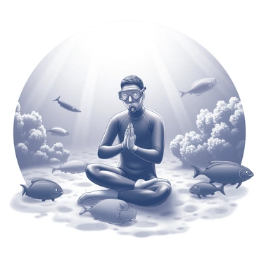 A diver is positioned underwater, performing the "namaste" pose with hands pressed together. The diver is wearing a wetsuit and a diving mask, surrounded by an array of fish. The fish are of various species and sizes, swimming gracefully in the vicinity. The background features a coral reef, with intricate shapes and textures. Sunlight filters through the water, creating shimmering patterns on the sandy ocean floor.