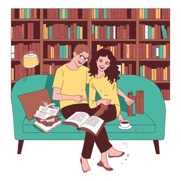 Two people sitting closely in a library, sharing a book and laughing at a funny passage.