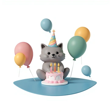 A small tom kitten with fluffy gray fur is sitting on a vibrant blue table. The kitten is wearing a colorful party hat decorated with stars and stripes. Around the kitten, there are several colorful balloons in shades of red, yellow, green, and blue, floating gently. In front of the kitten, there is a round birthday cake with pink frosting, topped with three lit candles and decorated with colorful sprinkles. The scene is festive and joyful, highlighting the celebration.