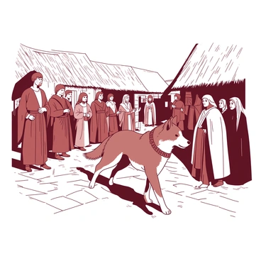 A group of villagers in medieval attire is gathered in a cobblestone street, observing a procession passing through. The villagers are dressed in detailed tunics, long dresses, and cloaks, with various colors contrasting against each other. Their expressions show curiosity and excitement as they watch the parade. In the center of the scene, a majestic wolf walks confidently down the street, its fur a mix of shades that catches the light. The wolf is adorned with a ceremonial collar made of leather and beads, accentuating its regal presence. Surrounding the villagers are rustic thatched-roof houses, adding to the medieval atmosphere. 