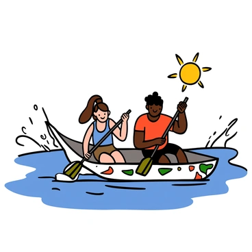 A duo with light skin, a woman and a man, is paddling a canoe together on a calm lake. The woman has long brown hair tied back and is wearing a blue tank top and khaki shorts. The man has short black hair and is wearing a red t-shirt and black shorts. They are both smiling, focusing on the rhythmic motion of their paddles, creating splashes of water around them. The canoe is decorated with colorful designs, and the sun is shining brightly overhead, casting reflections on the water surface.