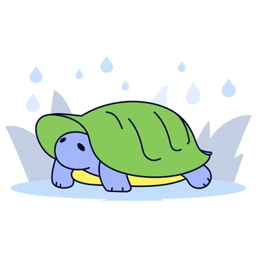 A turtle sheltering under a large leaf during a gentle rain shower