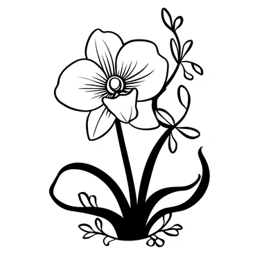 A detailed black-and-white illustration of an orchid flower showcasing its intricate petals. The petals have delicate textures and varying shapes, with some curling at the edges. The center of the flower features unique structures, including a lip with a distinct shape. Surrounding the flower are slender stems and an array of leaves, adding depth to the composition.