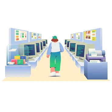 A person is walking along a long, narrow path in an exhibit dedicated to DOS-era technology. The exhibit features several vintage computers with large, bulky monitors displaying the classic DOS prompts in green text. To the left, a collection of floppy disks in various colors is arranged in a transparent display case. On the right, an old dot matrix printer sits on a table, with a recent printout showing a simple text document. The walls are decorated with posters showcasing popular DOS games and software titles from that era. The floor is a light wood, and soft lighting highlights the various technology pieces throughout the exhibit.