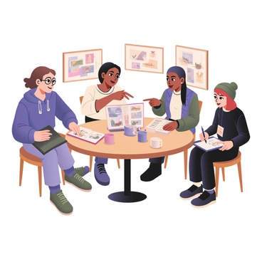 A digital flat illustration featuring a group of four illustrators sitting around a small round table at a cozy cafe. The first illustrator on the left has light skin and short curly brown hair, wearing a blue hoodie and glasses, showing a sketchbook filled with colorful character designs. The second illustrator has medium skin and long, straight black hair, dressed in a white t-shirt and denim jacket, enthusiastically pointing at a drawing in her sketchbook, which depicts a fantasy landscape. The third illustrator has dark skin and shaved sides, wearing a green beanie and a plaid shirt, flipping through a sketchbook containing various animal sketches. The fourth illustrator has fair skin and shoulder-length red hair, sporting a black sweater, is sketching something on a notepad with a pencil. The cafe has a warm atmosphere, with coffee cups on the table and wall art in the background, displaying various illustrations.