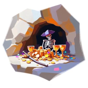 A hidden cave reveals a trove of pirate treasure scattered across the ground. Gold coins, gleaming jewels, and intricately designed goblets are piled high, reflecting the dim light filtering through cracks in the cave walls. In the center of this treasure, a skeleton wearing a weathered captain's hat is slumped against a rock, its bony fingers resting on a rusted cutlass. The atmosphere is filled with the scent of damp earth and sea salt, while shadows dance across the cave walls, hinting at the secrets long buried within.