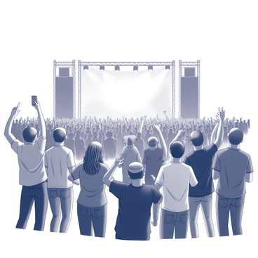 A large outdoor concert scene is filled with a diverse crowd of fans. People are standing and swaying to the rhythm of the music, some with arms raised in excitement. The stage is set prominently in the background, featuring large speakers and bright lights directed toward the audience. Several fans are holding up their phones to capture the moment. A variety of clothing styles can be seen among the crowd, including t-shirts, hats, and accessories. The atmosphere is lively, filled with energy and enthusiasm as fans cheer for the performers.