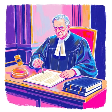 A stern judge wearing traditional black robes is seated at a wooden bench. The judge has a serious expression, with gray hair neatly combed back. In one hand, he is holding a gavel, poised for action. On the desk in front of him, there are several thick black code books stacked neatly beside a open legal document. The setting is a courtroom, with dark wooden paneling on the walls and a sense of authority in the atmosphere.