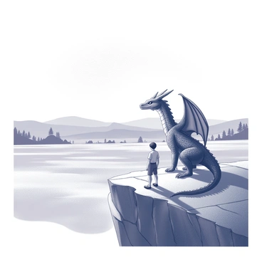 A figure resembling a young man stands on a rocky cliffside, with a large dragon beside him. The dragon has prominent scales and large wings folded against its body. Both are positioned at the edge, with the vast, open plain extending below them, lined with distant trees and scattered hills. The sky above is expansive, hinting at the time of day with a soft gradient. The posture of the dragon and the man shows a sense of vigilance, as they survey the land before them. The scene captures a moment of quiet anticipation in a natural, untamed environment.