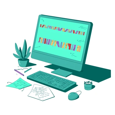 A teal computer screen is displaying an intricate visualization of an ant genome sequence. The screen features colorful strands of DNA represented in an organized, linear format, showcasing a combination of various colored segments. Surrounding the computer screen, there are scattered notes filled with scientific annotations and arrows pointing to different sections of the genome. The workspace is illuminated by a gentle light, highlighting the details of the sequence and creating a focused atmosphere around the technological setup.