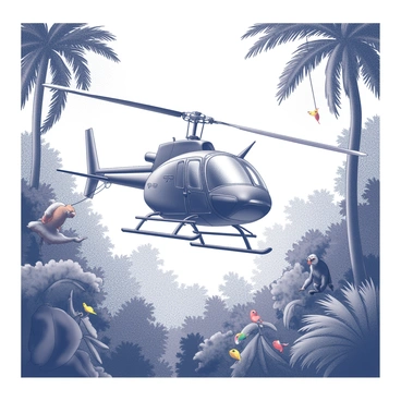 A private helicopter is flying through a dense jungle canopy, its rotors creating a dynamic impression in the foliage. The helicopter features sleek, modern lines with visible rotor blades spinning above. Below, the thick vegetation is a mix of tall trees and underbrush, creating a rich texture. Various wildlife can be seen among the trees, including a monkey swinging from a branch and colorful birds perched on nearby limbs. The scene captures the contrast between the mechanical precision of the helicopter and the vibrant, untamed life of the jungle.