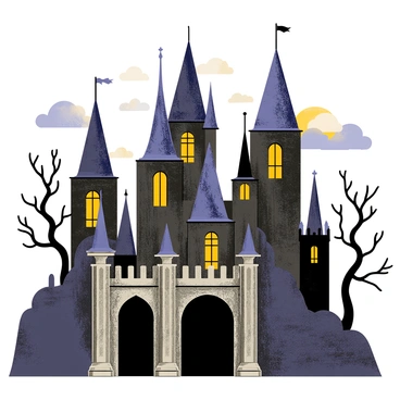A collage featuring multiple gothic castles with tall spires and intricate stonework. The castles are set against a dark, cloudy background, enhancing their eerie presence. Spooky silhouettes of trees with twisted branches are scattered throughout the composition. Wispy clouds drift across the scene, adding to the dramatic atmosphere. The illustration board has a textured surface that contrasts with the smoothness of the castles and silhouettes. The overall arrangement creates a sense of depth and intrigue.