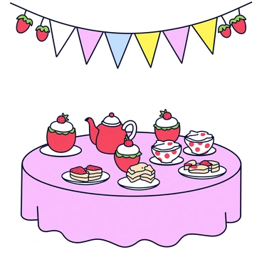 A whimsical tea party setting featuring a round table covered with a soft pink tablecloth. The table is adorned with strawberry-themed decorations, including small red and green strawberry centerpieces. On the table, there are various treats such as strawberry cupcakes with white frosting and fresh strawberries on top. There is a teapot shaped like a strawberry, and matching teacups with red polka dots. Delicate plates with strawberry prints hold an assortment of sandwiches cut into fun shapes. In the background, there are colorful bunting flags hanging between trees, adding to the festive atmosphere.