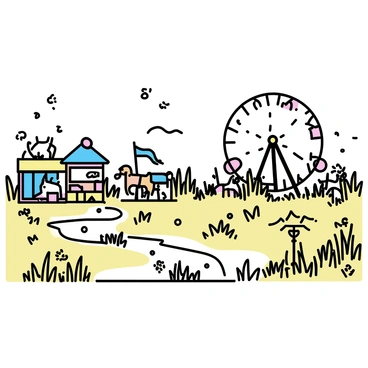 A wide view of a deserted carnival ground. The ground is covered in tall grass and weeds, with overgrown pathways winding through the area. A rusted Ferris wheel stands in the background, its colors faded and peeling. Nearby, a dilapidated carousel with chipped horses is surrounded by wild plants. Tattered banners hang in the breeze, and abandoned food stalls are scattered throughout, their signs faded and worn. The sky above is overcast, casting a dull light over the scene.