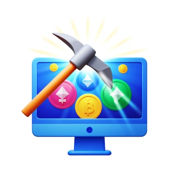 A digital pickaxe actively striking a computer screen, causing vibrant cryptocurrency coins to emerge from the display. The pickaxe has a sleek, metallic design with a glowing effect. The computer screen showcases a dynamic interface filled with colorful cryptocurrency icons like Bitcoin, Ethereum, and Litecoin. Bright rays of light emanate from the coins as they are extracted, creating a dramatic visual effect. The background features a subtle hint of a modern digital environment, enhancing the overall tech theme.