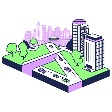 An urban area is depicted with various structures and features built around a known strike-slip fault line. The landscape includes tall buildings with glass facades and a network of streets filled with cars. A prominent fault line runs through the center, marked by a noticeable crack in the pavement and surrounding ground. To the left, a park with several trees provides a contrast to the urban environment, while a bridge spans over the fault line, connecting different parts of the city. In the background, a skyline reveals a mix of residential and commercial buildings, highlighting the urban density and planning around the geological feature.