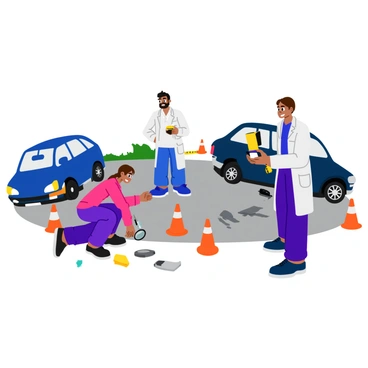 Forensic experts are gathered at a car accident site, attentively collecting evidence. One expert is kneeling down, using a magnifying glass to examine a small piece of glass on the ground. Another expert is taking photographs of the scene with a camera, capturing the angles of the damaged vehicles. A third expert is measuring the distance between the cars with a tape measure. In the background, there are two crumpled cars positioned at odd angles, with visible dents and deployed airbags. The ground is scattered with debris, including tire tracks and broken remnants of the vehicles. Several orange traffic cones are placed around the area to secure the scene.