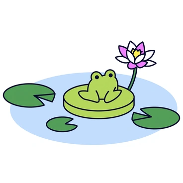 A small green frog sitting on a round lily pad. The lily pad has a smooth surface and vibrant green color. Surrounding the frog are several water lilies with large, flat leaves. The water lilies feature pink and white blossoms, contrasting with the green leaves. The water is calm and reflects the colors of the scene.
