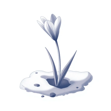 A delicate crocus flower with slender petals is breaking through a layer of white snow. The flower has a slightly open blossom, revealing its inner structure. Surrounding the crocus, small patches of unearthed soil are visible, indicating the transition from winter to spring. The snow is unevenly spread, with some areas completely covered and others revealing the earth beneath. The scene conveys the awakening of nature as the crocus stands resilient against the cold backdrop.